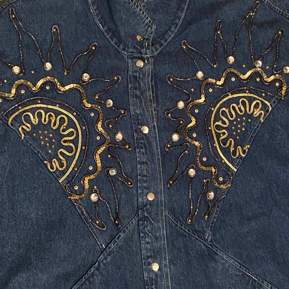 VINTAGE Denim Long Jacket Art Deco Sequins/Beads Women's Size (M) - Picture 10 of 11